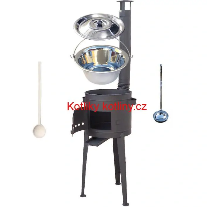 Nerezový kotlík 20 L (1,2 mm) INOX + vysoká žáruvzdorná kotlina (1,5 mm) HODO 42 cm PLUS 600 + vařečka + naběračka