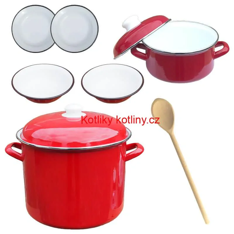 Smaltovaný hrnec s poklicí 5,2 l + smaltovaný kastrol s poklicí 3 L + talíře Classic