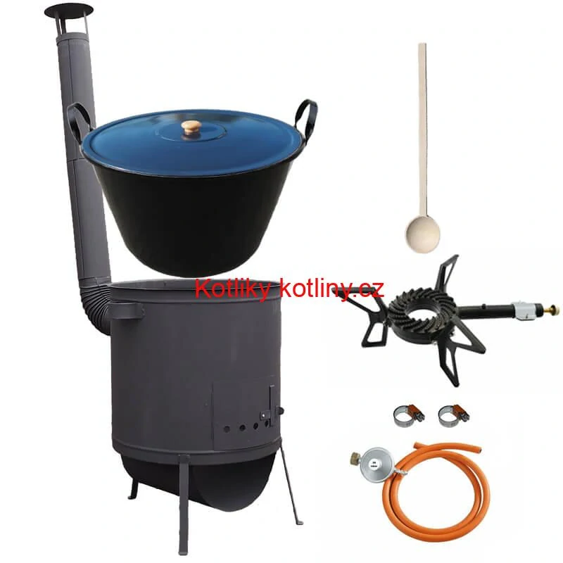 Smaltovaný kotel 60 L na zabijačku + žáruvzdorná kotlina 53 PLUS 600 4 MM + hořák 7,5 kW + vařečka