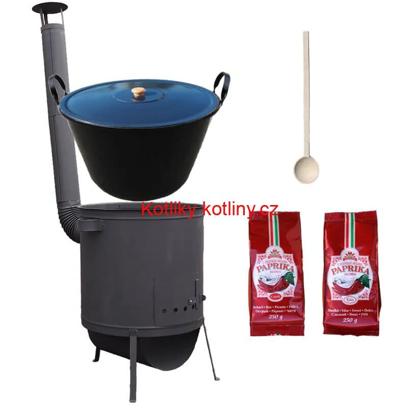 Smaltovaný kotel 60 L na zabijačku + žáruvzdorná kotlina 53 PLUS 600 4 MM + sladká a pálivá paprika (2 x 250 g) + vařečka