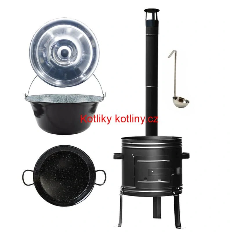 Smaltovaný kotlík 25 L + kovová kotlina + smaltovaná pánev 46 cm Paella