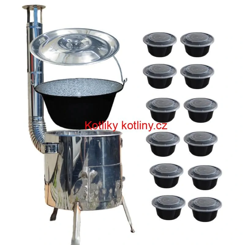 Smaltovaný kotlík 13 L + nerezová kotlina 36 INOX LUSTRO + misky 12 ks