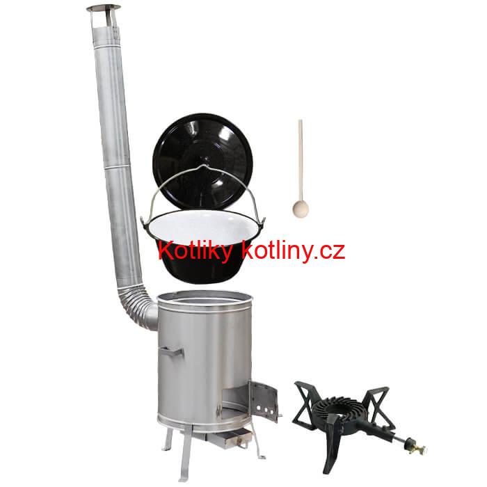 Smaltovaný kotlík 13 L (1,2 mm) + nerezová kotlina 36 cm + litinový hořák 7 kW, vařečka LUX