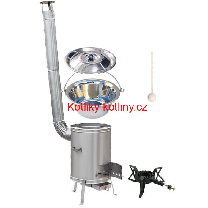 Nerezový kotlík 14 L (0,8 mm) + nerezová kotlina 36 cm + litinový hořák 7 kW, vařečka LUX