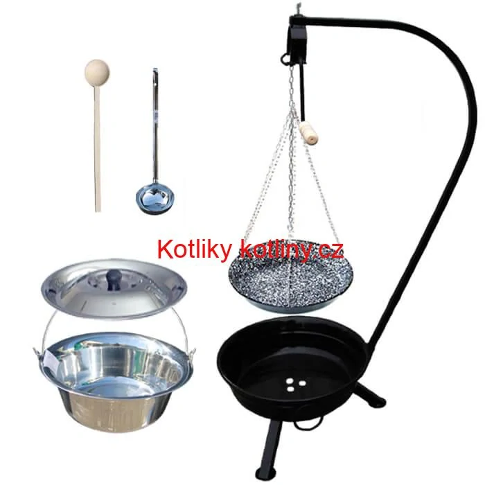 Nerezový kotlík 14 L (0,8 mm) INOX + smaltovaná pánev + ohniště se stojanem as pojistnou kladkou VAR
