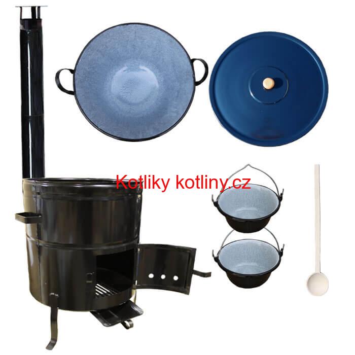 Zabijačkový smaltovaný kotel 60 L + kovová kotlina 53 cm + 2 servírovací kotlíky  a kouřovod
