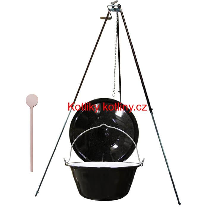 Smaltovaný kotlík 30 L (1,2 mm) + teleskopická trojnožka s pojistnou kladkou + poklice