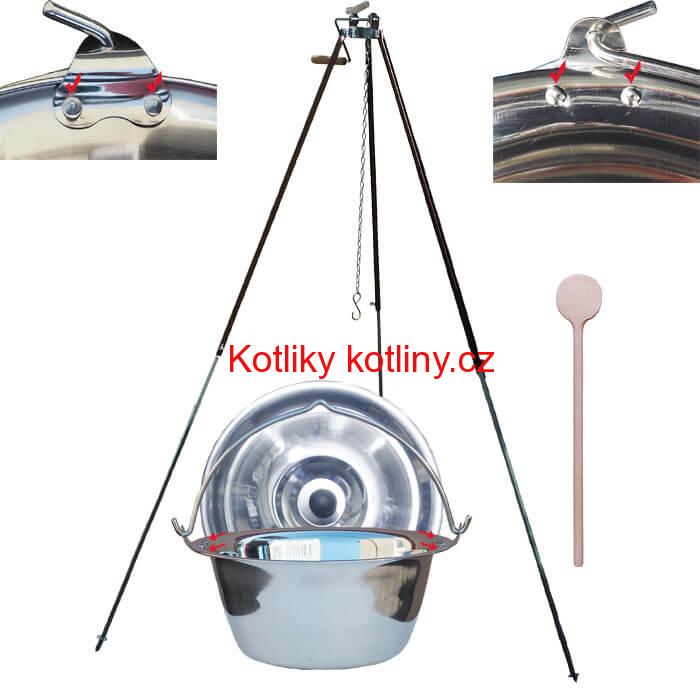 Nerezový kotlík 20 L (0,8 mm) s nýty + teleskopická trojnožka s pojistnou kladkou + poklice