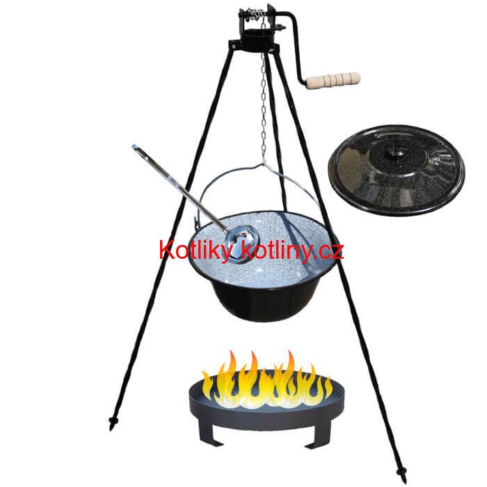 Smaltovaný kotlík 20 L (1,2 mm) + Ohniště + stojan s kladkou VAR