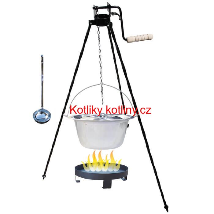 Nerezový kotlík 14 L (0,8 mm) + Ohniště + stojan s kladkou VAR