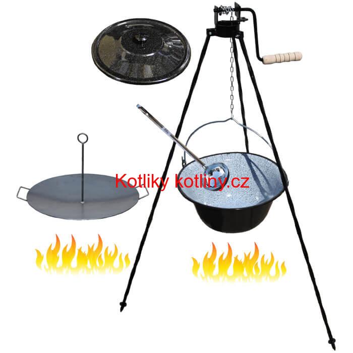 Smaltovaný kotlík 20 L (1,2 mm) + pánev na grilování a stojan s kladkou VAR