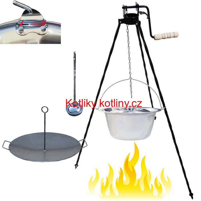 Nerezový kotlík 15 L (0,8 mm) s nýty + pánev na grilování a stojan s kladkou VAR