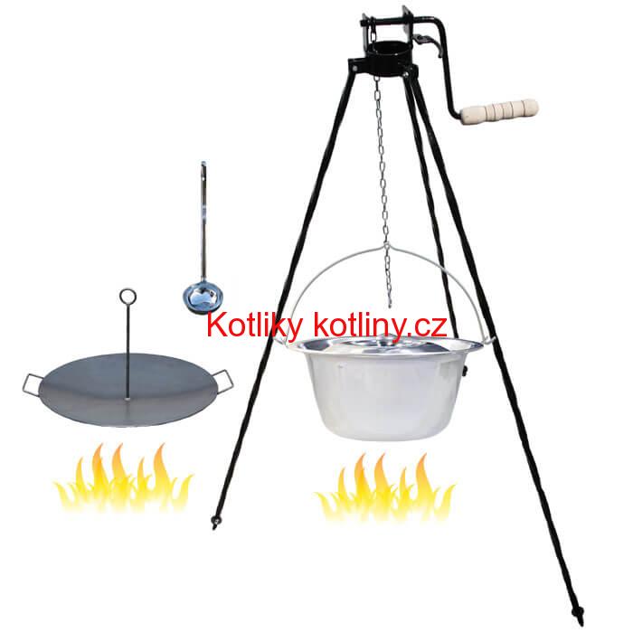 Nerezový kotlík 22 L (0,8 mm) + pánev na grilování a stojan s kladkou VAR