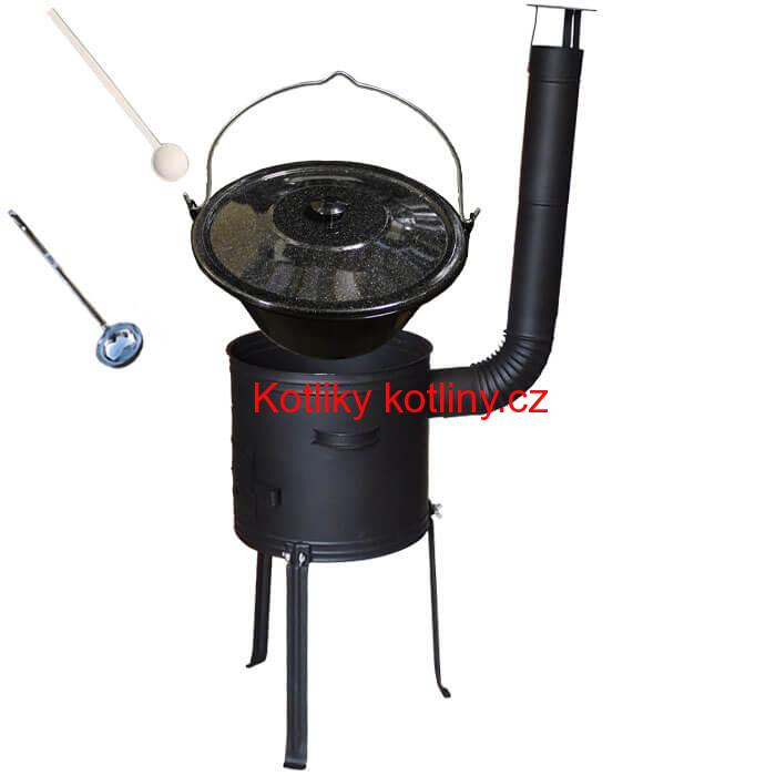 Smaltovaný kotlík 25 L (1,2 mm) + kovová kotlina s vysokými nožičkami 42 cm + vařečka a naběračka