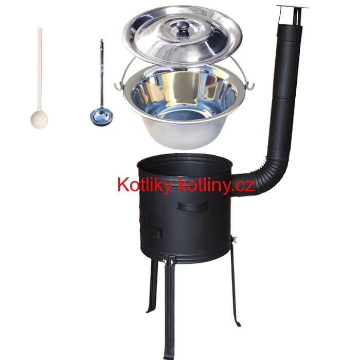 Nerezový kotlík 15 L (1,2 mm) + kovová kotlina s vysokými nožičkami 36 cm, žáruvzdorná barva Plus 700 + vařečka a naběračka