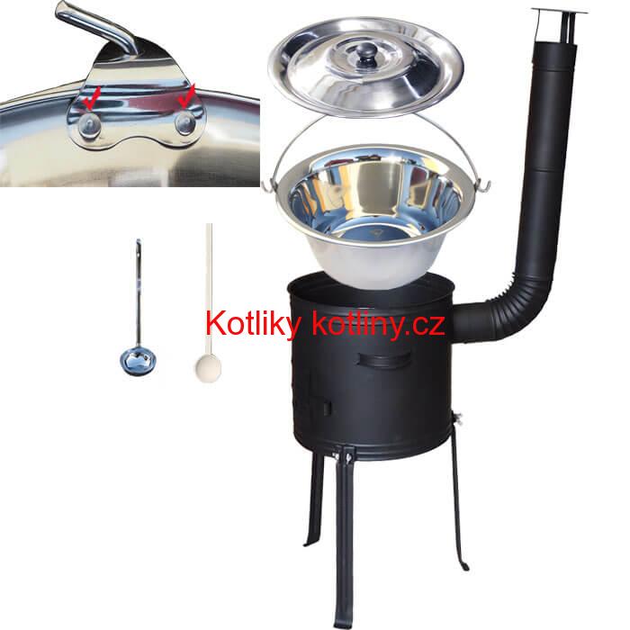 Nerezový kotlík 15 L (0,8 mm) zesílený s nýty + kovová kotlina s vysokými nožičkami 36 cm, žáruvzdorná barva Plus 700 + vařečka a naběračka