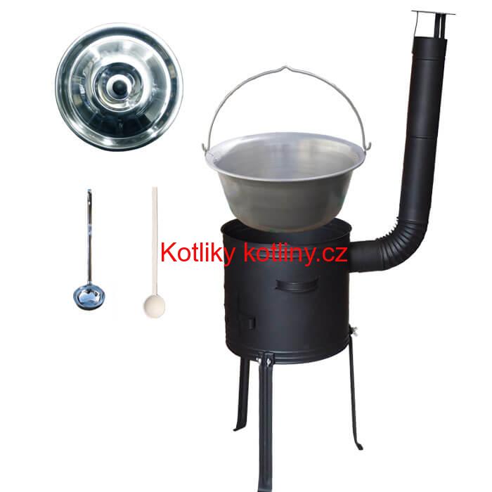 Nerezový kotlík 20 L (1,5 mm) + kovová kotlina s vysokými nožičkami 42 cm , žáruvzdorná barva Plus 700 + vařečka a naběračka