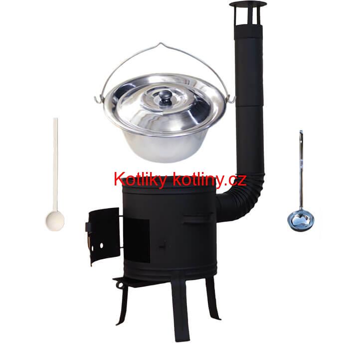 Nerezový kotlík 10 L (1,2 mm) + nízká žáruvzdorná kotlina 33 cm PLUS 700 + vařečka a naběračka