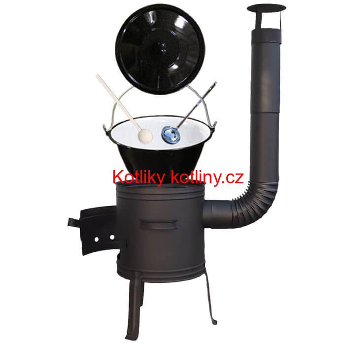 Smaltovaný kotlík 10 L (1,2 mm) + nízká žáruvzdorná kotlina 33 cm PLUS 700 + vařečka a naběračka