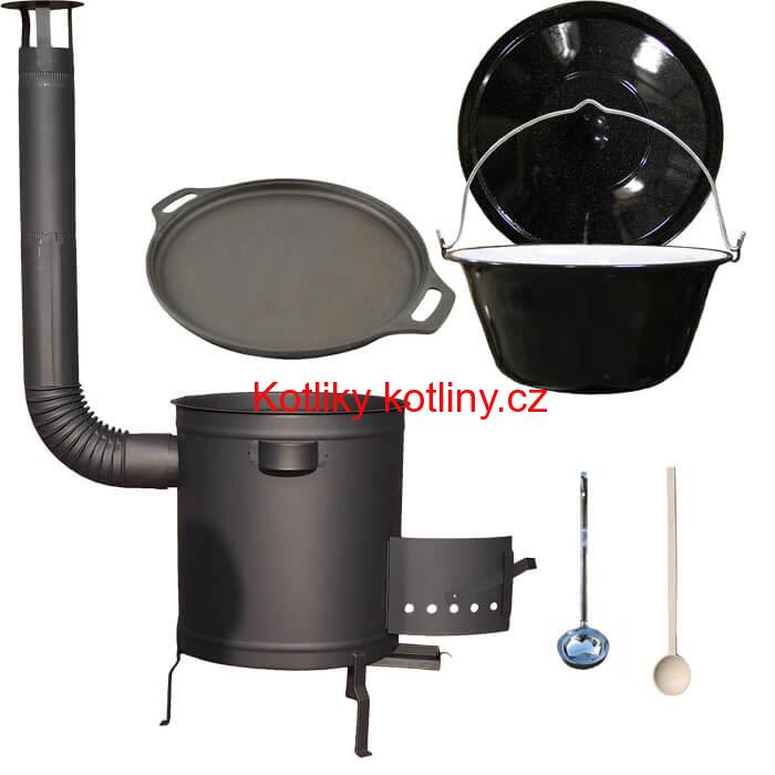 Smaltovaný kotlík 20 L (1,2 mm) + Litinová pánev 43 cm + silnostěnná (1,5 mm) a žáruvzdorná kotlina 42 PLUS 600