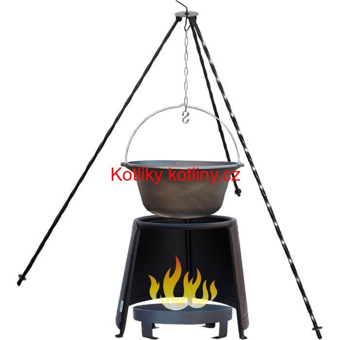 Litinový kotlík 10,8 L + chránič plamene 37 cm + ohniště 36 cm + trojnožka 1,2 m