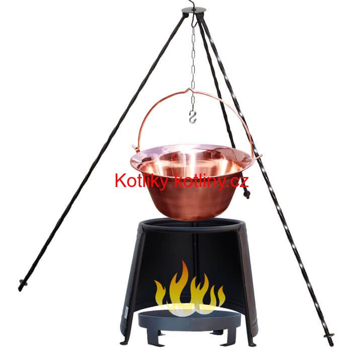 Měděný kotlík 20 L (1,2 mm) + chránič plamene 43 cm + ohniště 36 cm + trojnožka 1,2 m