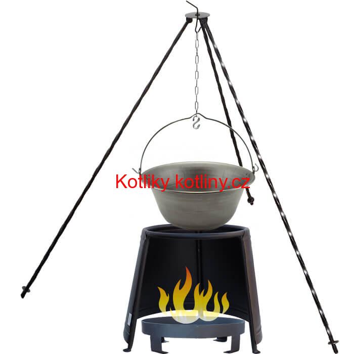Železný kotlík 14 L (0,75 mm) + chránič plamene 37 cm + ohniště 36 cm + trojnožka 1,2 m