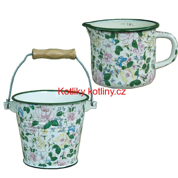 Smaltovaný hrnek s výlevkou 1 L + vědro 1 L DECOR