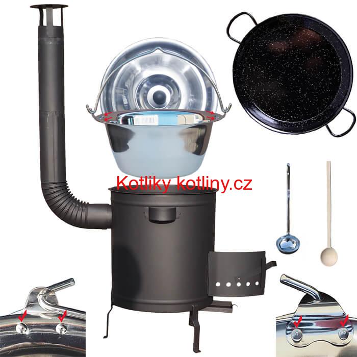 Nerezový kotlík 15 L (0,8 mm) zesílený s nýty + Paella pánev 38 cm + silnostěnná (1,5 mm) žáruvzdorná kotlina 36 PLUS 600