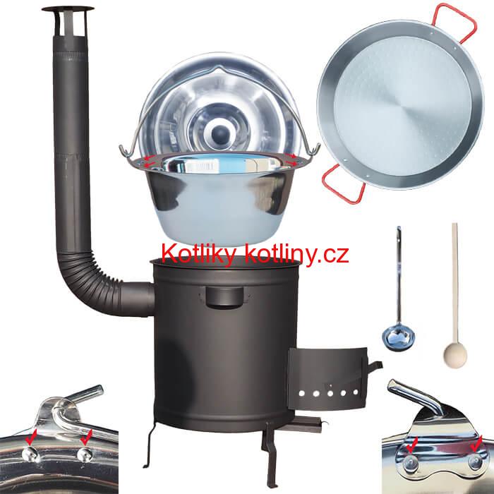 Nerezový kotlík 15 L (0,8 mm) zesílený s nýty + Paella pánev 38 cm + silnostěnná (1,5 mm) žáruvzdorná kotlina 36 PLUS 600