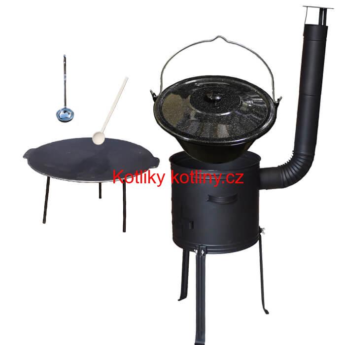 Smaltovaný kotlík 25 L + Litinová pánev 45 cm + kovová kotlina s vysokými nožičkami 42 cm, žáruvzdorná barva Plus 700