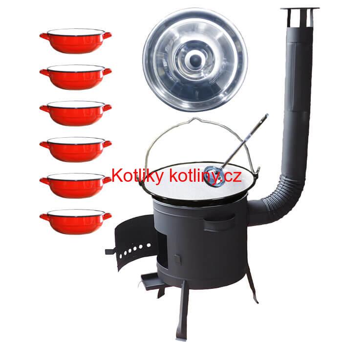 Smaltovaný kotlík 25 L + selské misky 6 ks + nízká žáruvzdorná kotlina 42 cm PLUS 600