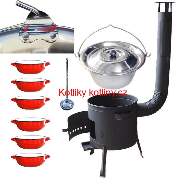 Nerezový kotlík 15 L (0,8 mm) s nýty INOX + selské misky 6 ks + nízká žáruvzdorná kotlina 36 cm PLUS 600