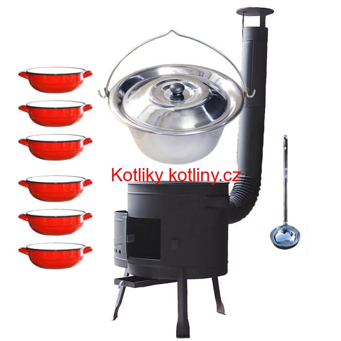 Nerezový kotlík 20 L (1,2 mm) INOX + selské misky 6 ks + nízká žáruvzdorná kotlina 42 cm PLUS 600