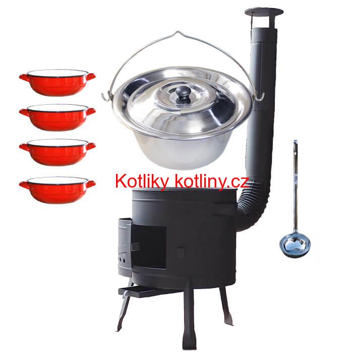 Nerezový kotlík 22 L (0,8 mm) INOX + selské misky 4 ks + nízká žáruvzdorná kotlina 42 cm PLUS 600