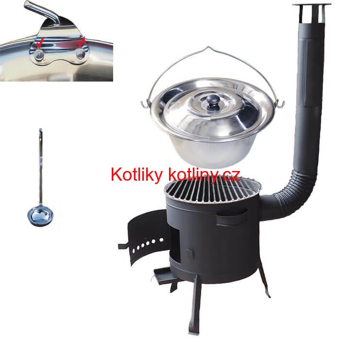 Nerezový kotlík 20 L (0,8 mm) s nýty INOX + Nerezový rošt 45 cm + nízká žáruvzdorná kotlina 42 cm PLUS 600