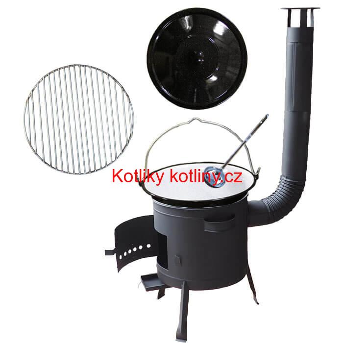 Smaltovaný kotlík 25 L + Nerezový rošt 45 cm + nízká žáruvzdorná kotlina 42 cm PLUS 600