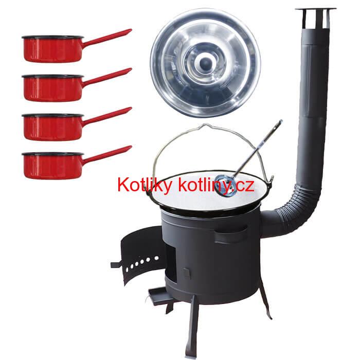 Smaltovaný kotlík 30 L + smaltovaný rendlík 4 ks + nízká žáruvzdorná kotlina 45 cm PLUS 600