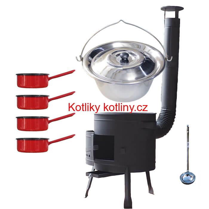 Nerezový kotlík 22 L (0,8 mm) INOX + smaltované rendlíky 4 ks + nízká žáruvzdorná kotlina 42 cm PLUS 600