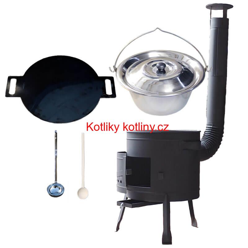 Nerezový kotlík 15 L (1,2 mm) + železná pánev 38 cm UNI + kotlina 36 cm PLUS 600