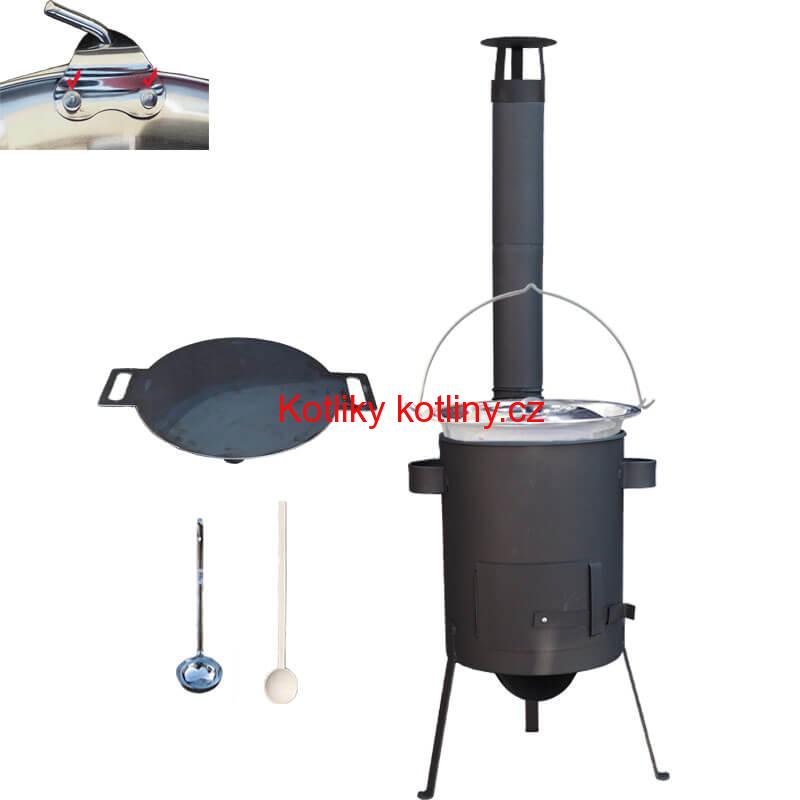 Nerezový kotlík 15 L (0,8 mm) s nýty + železná pánev 38 cm UNI + kotlina 36 cm PLUS 600 4 MM