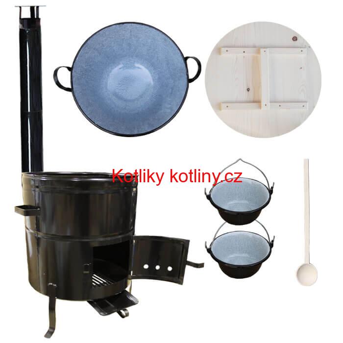 Zabijačkový smaltovaný kotel 100 L + kovová kotlina 58 cm + 2 servírovací kotlíky  a kouřovod