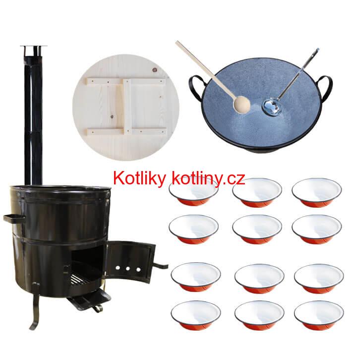 Smaltovaný kotel 100 L + smaltované talíře 12 ks vařečka a naběračka BIG PARTY