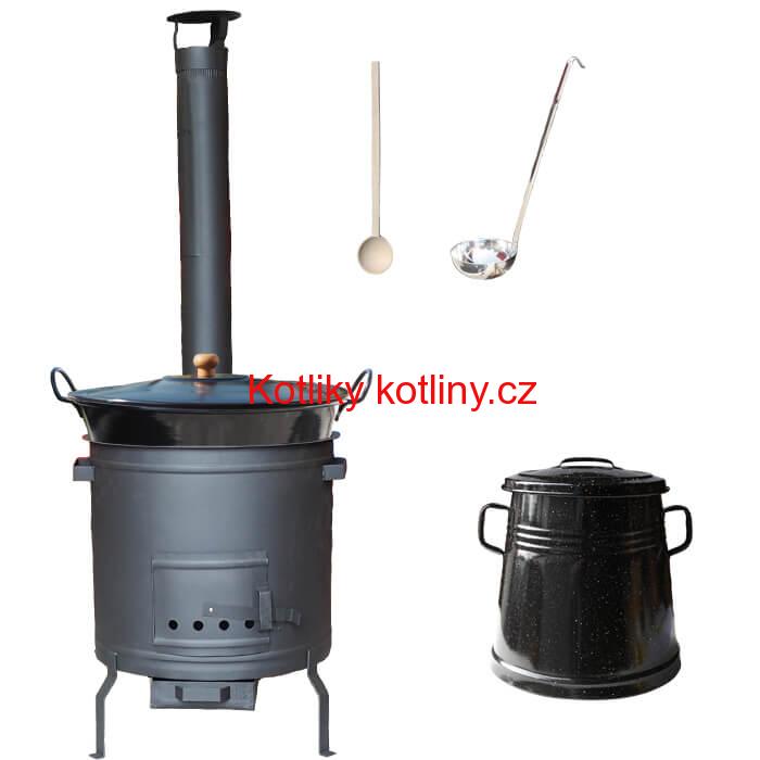 Smaltovaný kotel 50 L + žáruvzdorná kotlina 50 cm PLUS 600 + Nádoba na sádlo 10 L