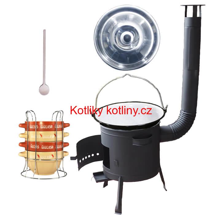 Smaltovaný kotlík 22 L (1,2 mm) + misky na guláš 4 ks + nízká žáruvzdorná kotlina 42 PLUS 600