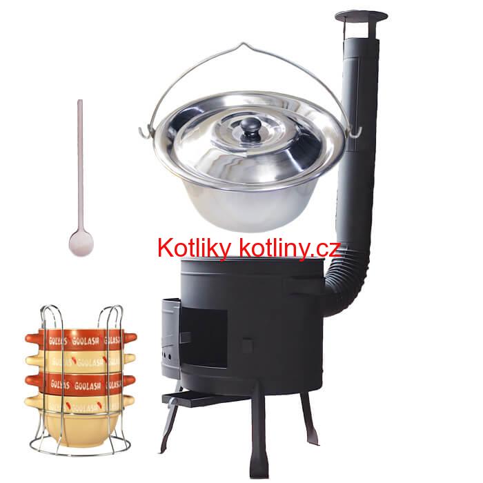 Nerezový kotlík 22 L (0,8 mm) INOX + misky na guláš 4 ks + nízká žáruvzdorná kotlina 42 PLUS 600