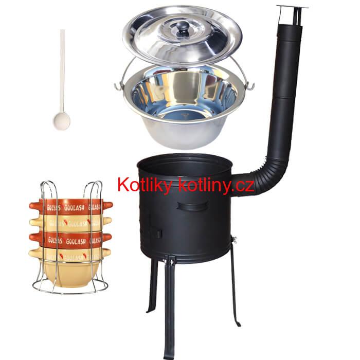 Nerezový kotlík 22 L (0,8 mm) INOX + misky na guláš 4 ks + nízká žáruvzdorná kotlina 42 PLUS 700