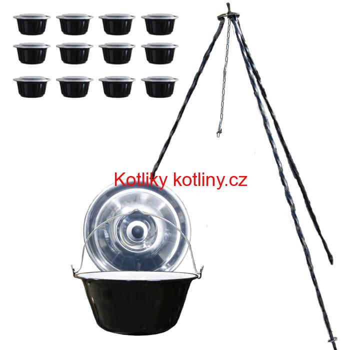 Smaltovaný kotlík 10 L (1,2 mm) + nerezová poklice + trojnožka 1,20 m + misky 12 ks