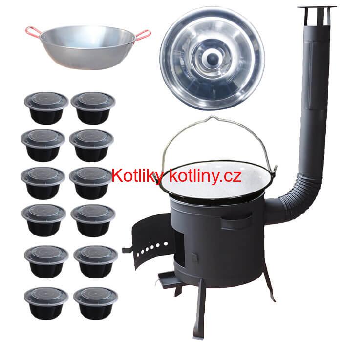 Smaltovaný kotlík 22 L + Pánev PAELLA (WOK) 45 cm + misky 12 ks + nízká kotlina 42 PLUS 600