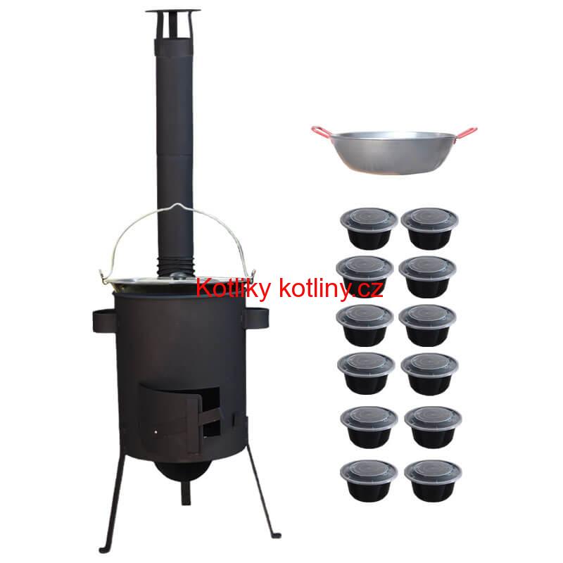 Smaltovaný kotlík 22 L + Pánev PAELLA (WOK) 45 cm + misky 12 ks + žáruvzdorná kotlina 42 PLUS 600 s roštem na popel 4 mm